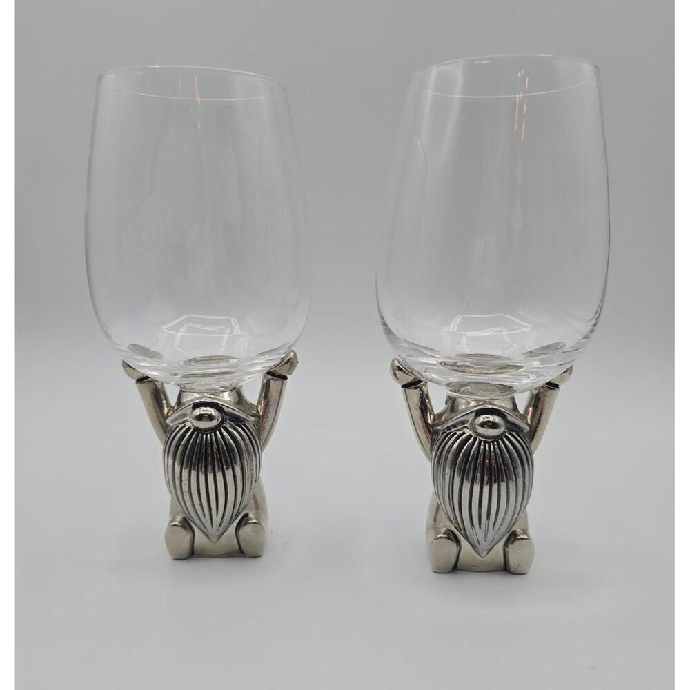 Set of Two Pottery Barn Handblown Gnome Wine Glasses with Molded Zinc Base
